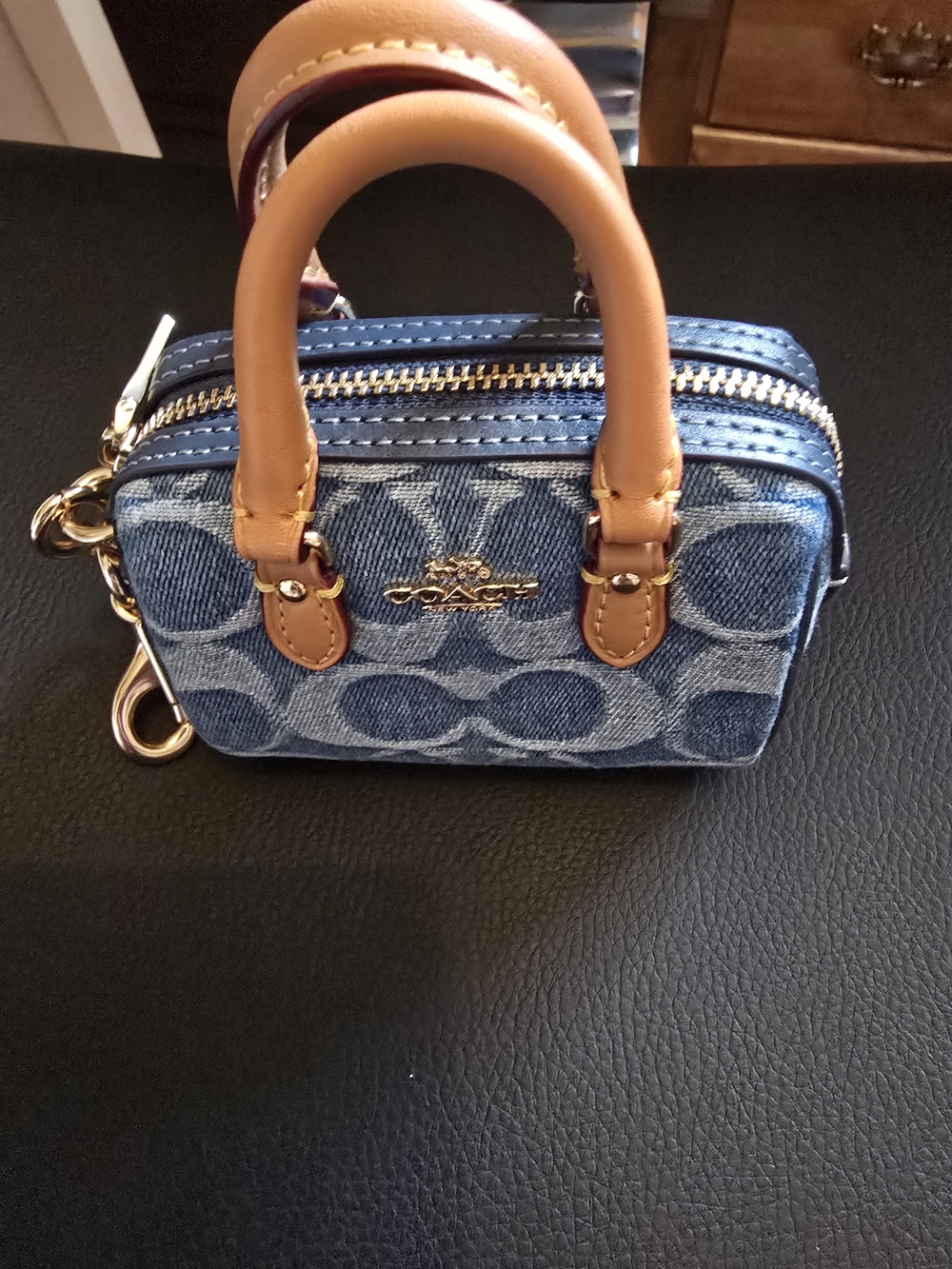 Coach Denim Signature Miniature Satchel with Tan Leather Handles